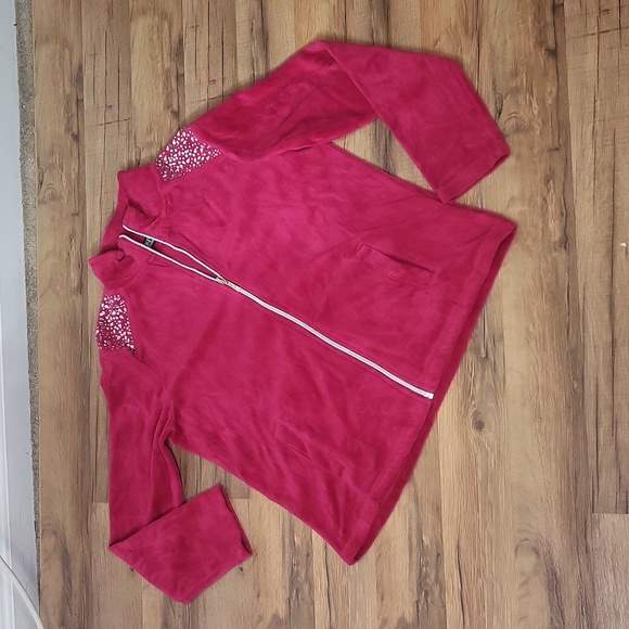 ONQUE CASUALS Hot Pink Shoulder Embellished Velour and Sparkle Pocketed Hoodie - Picture 5 of 10